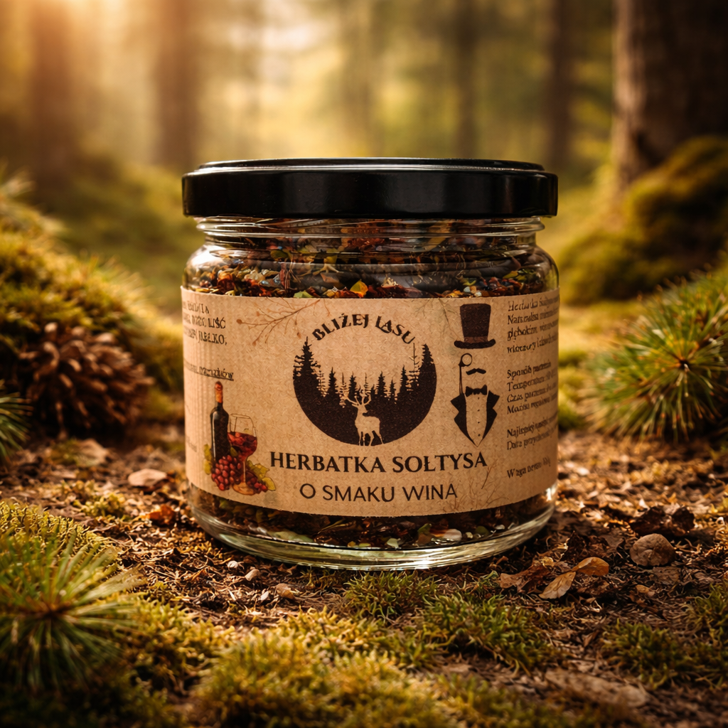 Herbatka Sołtysa o smaku wina Bliżej Lasu w szklanym słoiku na naturalnym tle.