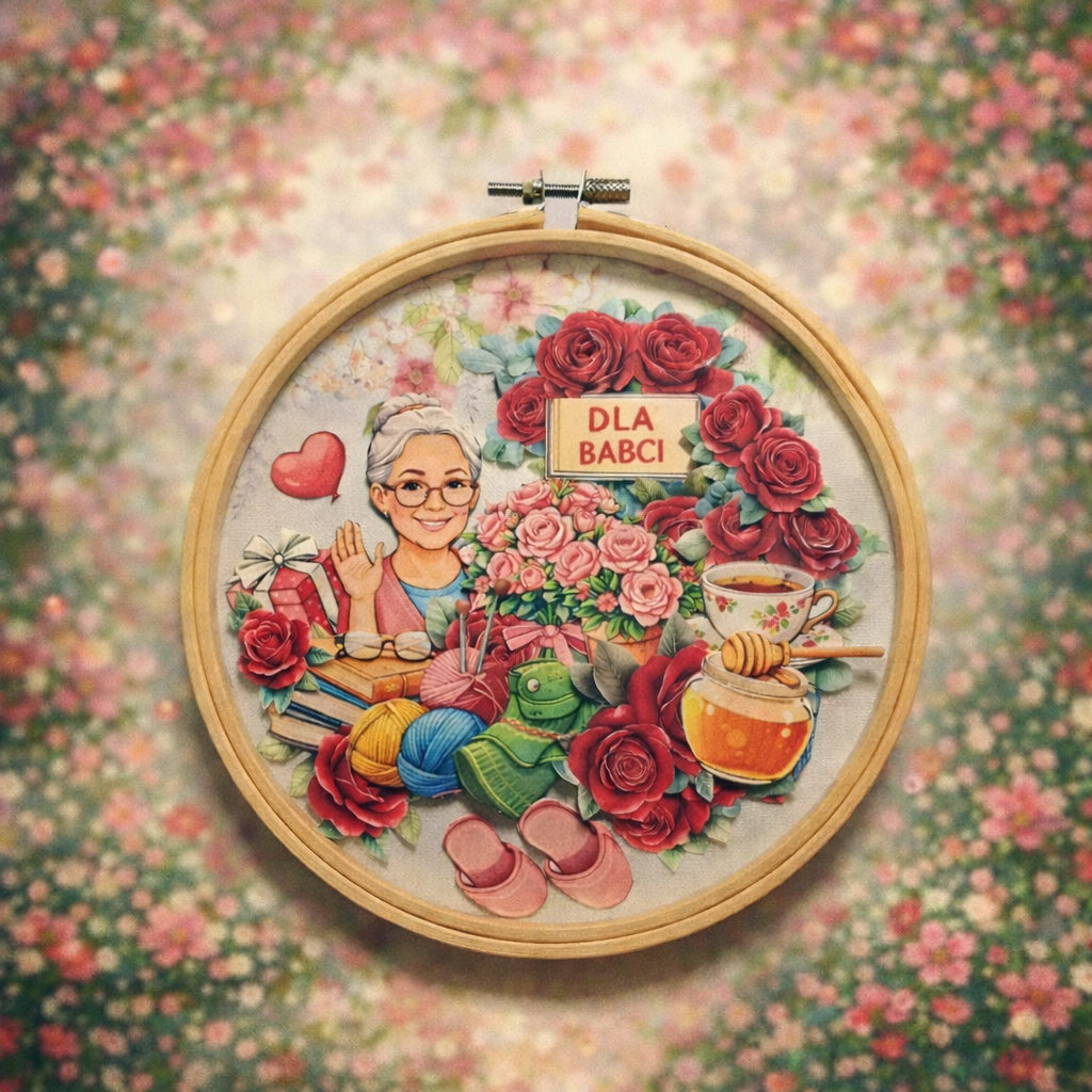 Tamborek dekoracyjny dla babci 20 cm z napisem DLA BABCI, ilustracja babci wśród kwiatów w drewnianej obręczy