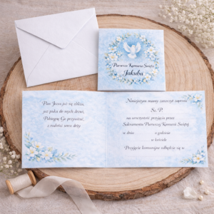 Zaproszenia na Pierwszą Komunię Świętą chłopca błękitne z gołąbkiem, złożone i rozłożone z białą kopertą