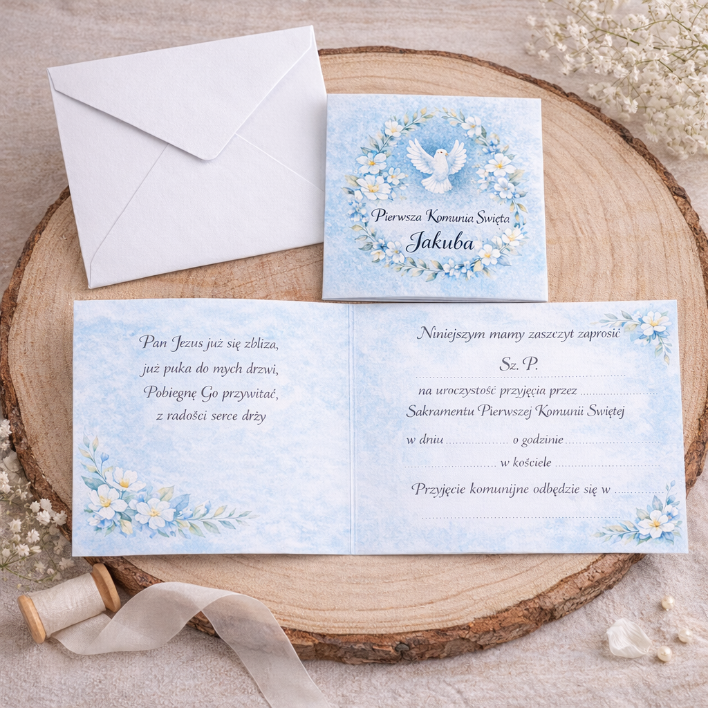 Zaproszenia na Pierwszą Komunię Świętą chłopca błękitne z gołąbkiem, złożone i rozłożone z białą kopertą