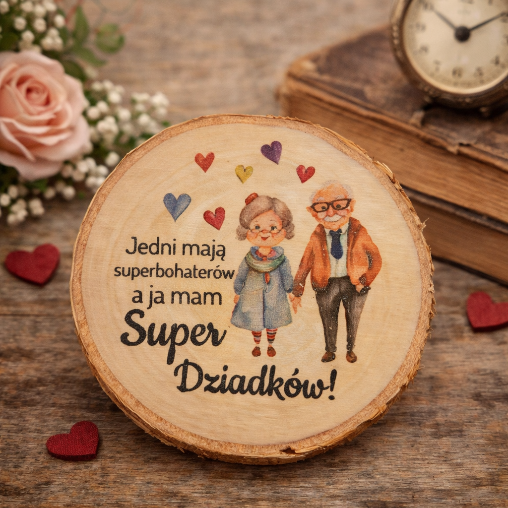 magnes na plastrze drewna z nadrukiem, prezent na dzień babci i dziadka