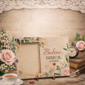 drewniana ramka na zdjęcie z napisem dziękuję że jesteś, prezent dla babci