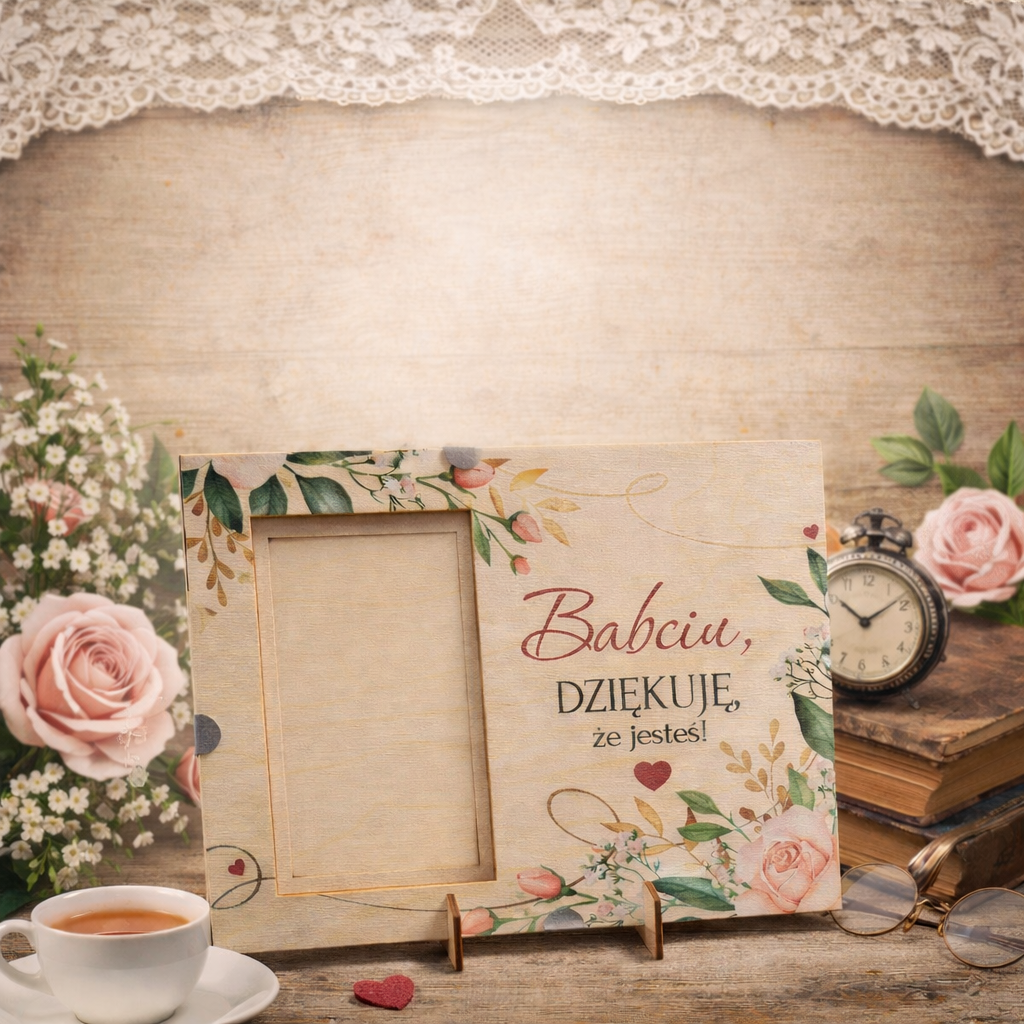 drewniana ramka na zdjęcie z napisem dziękuję że jesteś, prezent dla babci
