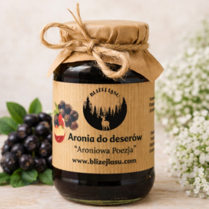 Aronia do deserów „Aroniowa Poezja” w słoiku z naturalną etykietą marki Bliżej Lasu