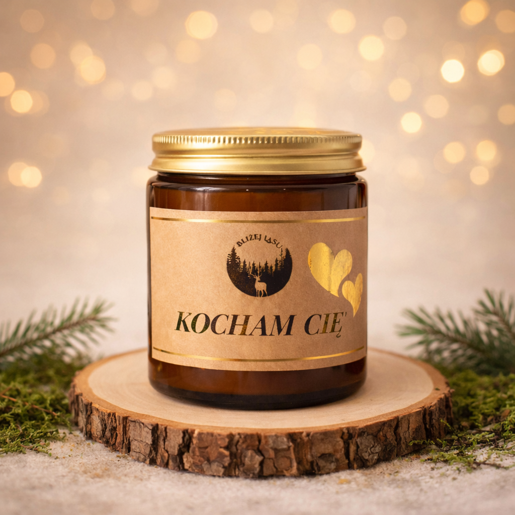 Świeca sojowa „Kocham Cię” w bursztynowym słoiku ze złotą pokrywką na drewnianej podstawie, w eleganckiej aranżacji z delikatnym światłem bokeh.