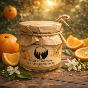 Słoik miodu kremowanego o smaku pomarańczy „Bliżej Lasu” na drewnianym stole, w otoczeniu świeżych pomarańczy