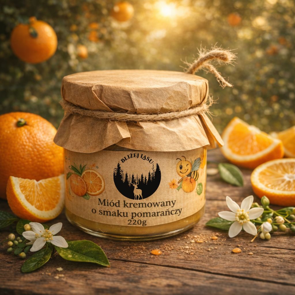 Słoik miodu kremowanego o smaku pomarańczy „Bliżej Lasu” na drewnianym stole, w otoczeniu świeżych pomarańczy