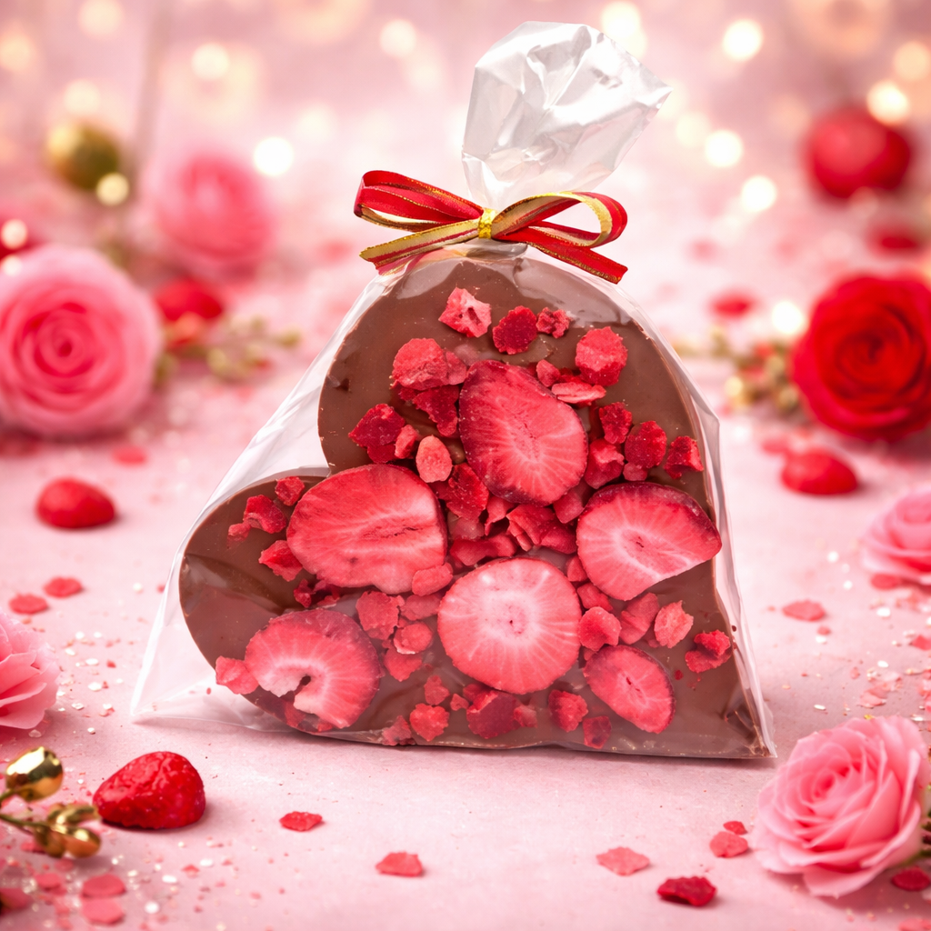 Serce z mlecznej czekolady z truskawkami w eleganckim opakowaniu prezentowym