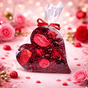 Owocowe serce z gorzkiej czekolady z truskawką, maliną i porzeczką na eleganckim tle