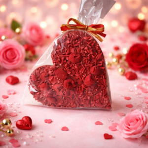 Serce z mlecznej czekolady z malinami w eleganckim opakowaniu.