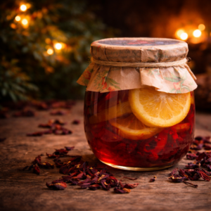 cytryna w syropie z hibiskusem w szklanym słoiku na drewnianym stole, rustykalne tło w stylu kaw