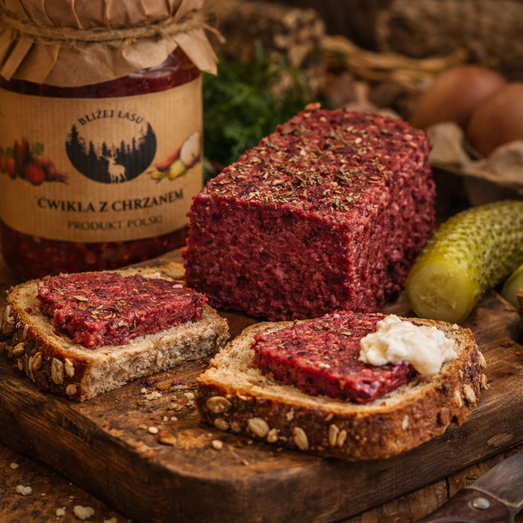 pasztet z buraka i ćwikły z chrzanem na chlebie, słoik ćwikły Bliżej Lasu w tle, rustykalne leśne tło