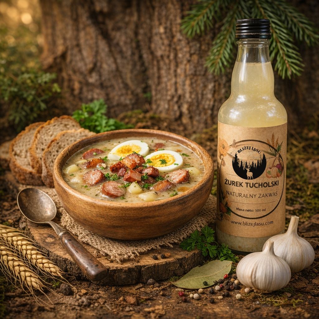 Żurek tucholski na zakwasie z kiełbasą, jajkiem i chlebem