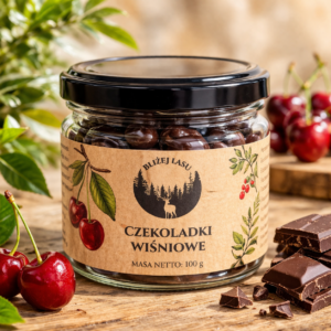 czekoladki wiśniowe w słoiku bliżej lasu na jasnym tle