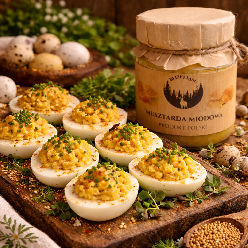 jajka faszerowane z musztardą miodową na drewnianej desce wielkanoc
