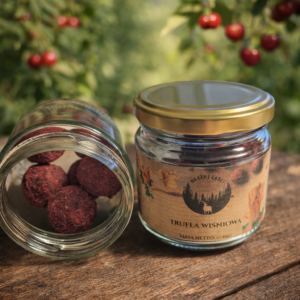 Wiśniowe trufle w deserowej czekoladzie w eleganckim opakowaniu – słodki upominek