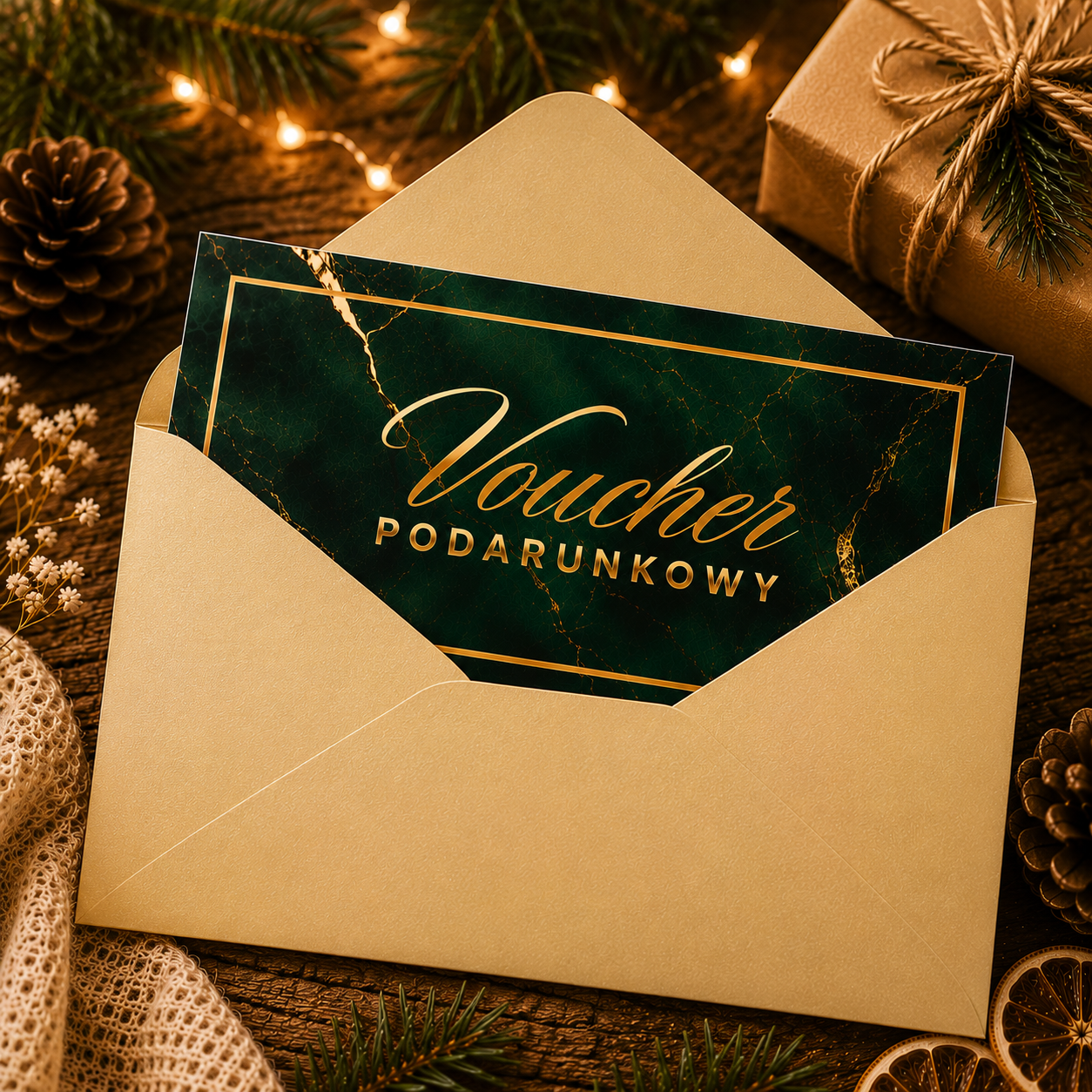 voucher podarunkowy bliżej lasu w złotej eleganckiej kopercie