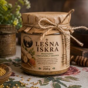 Naturalna musztarda chrzanowa z miodem Leśna Iskra marki Bliżej Lasu w szklanym słoiczku z kraftowym wykończeniem.