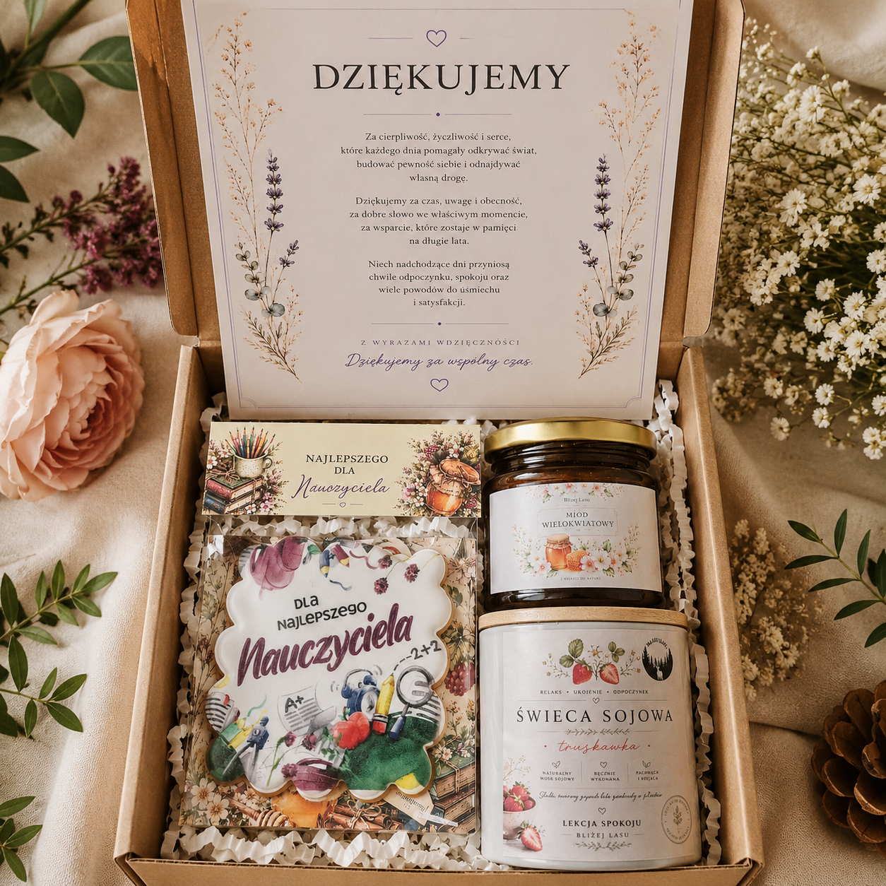 Zestaw prezentowy dla nauczyciela z piernikiem, miodem i świecą sojową Bliżej Lasu