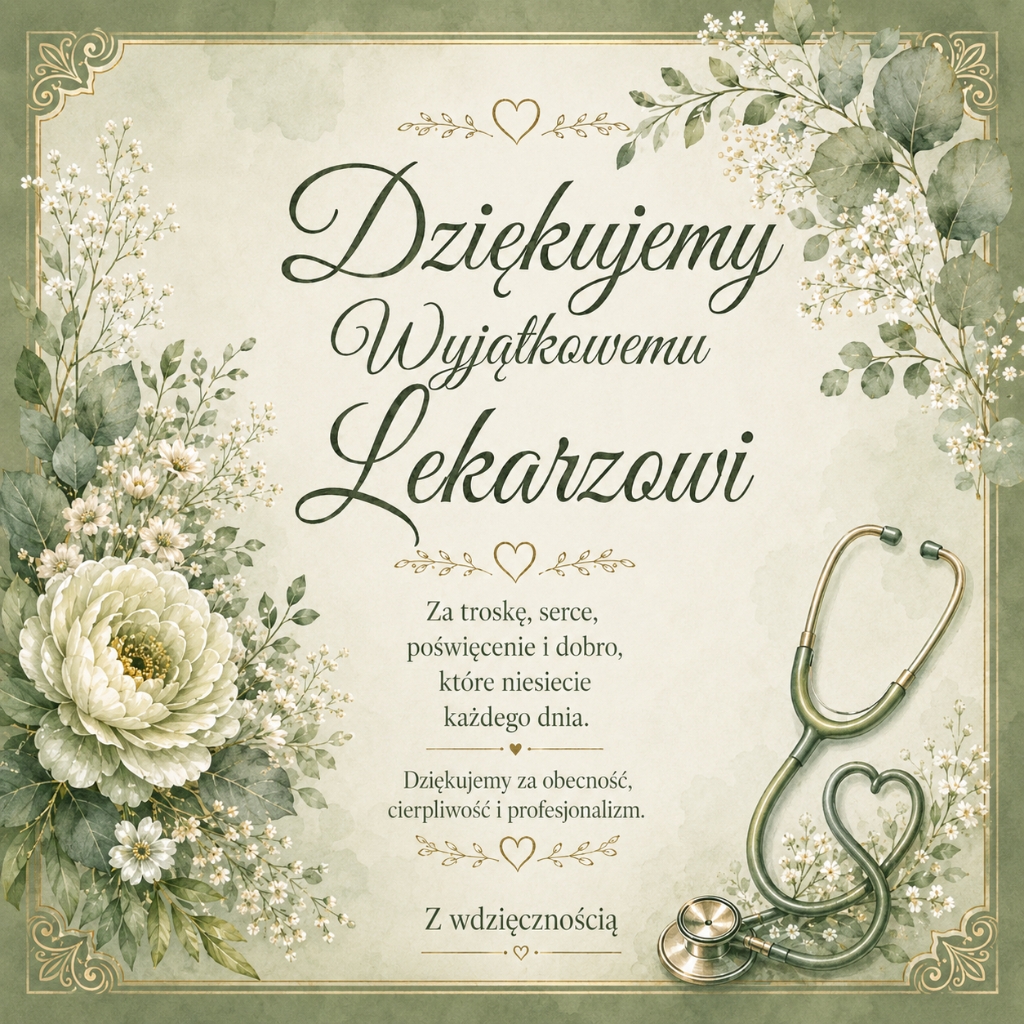 Kartka z podziękowaniem dla lekarza w zielonej, eleganckiej oprawie z kwiatami i stetoskopem.