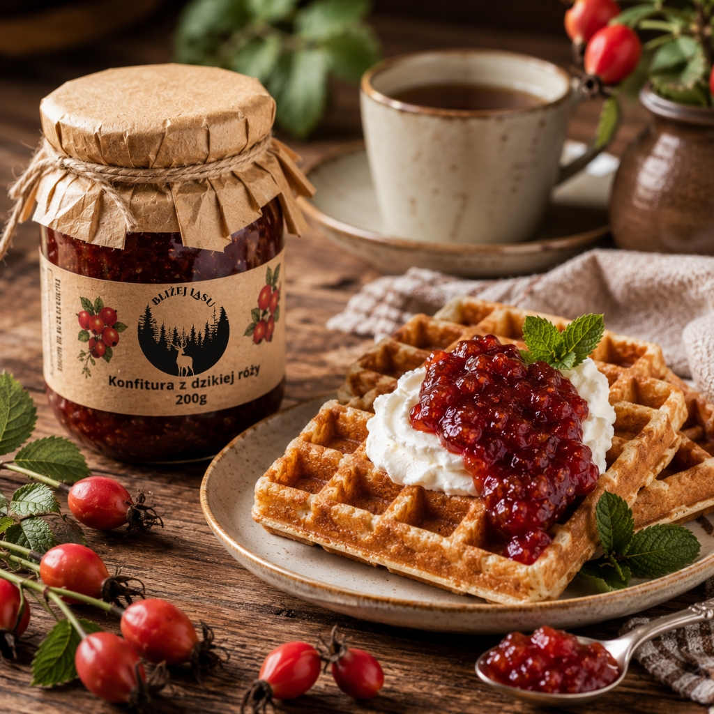 Gofry z konfiturą z dzikiej róży i bitą śmietaną