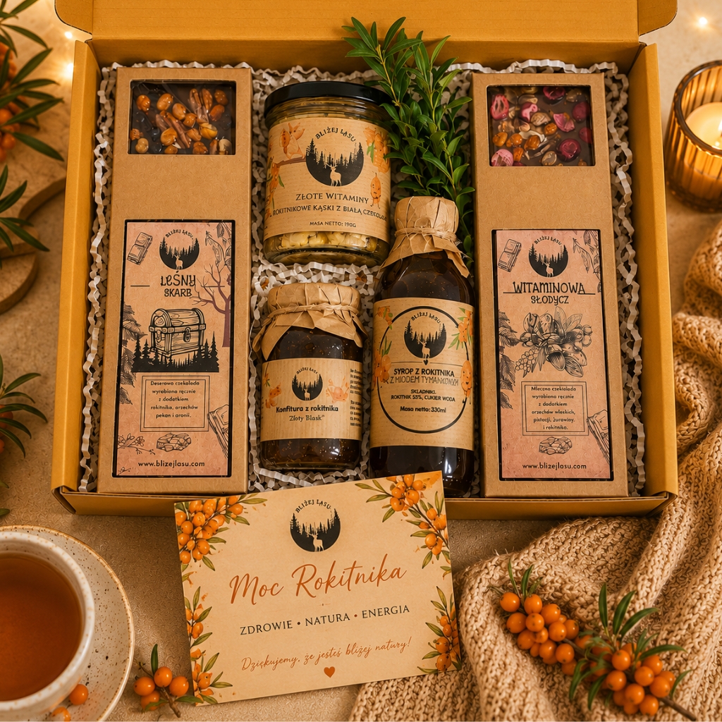 Zestaw prezentowy Moc Rokitnika z naturalnymi produktami Bliżej Lasu