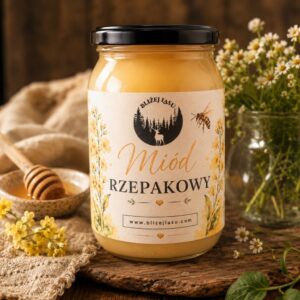Miód rzepakowy 1,2 kg Bliżej Lasu na rustykalnym drewnianym tle