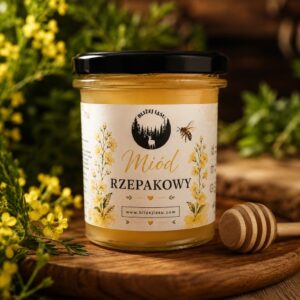 Miód rzepakowy 400 g Bliżej Lasu w rustykalnej aranżacji