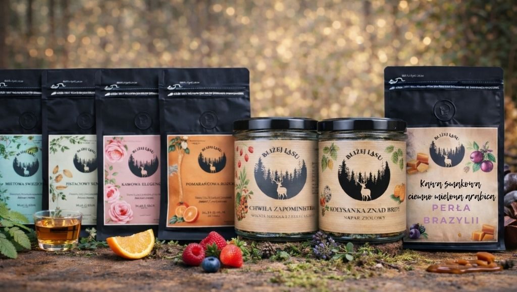 Kolekcja herbat i kaw Bliżej Lasu w naturalnej leśnej aranżacji z owocami i ziołami