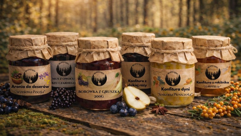 Naturalne konfitury i przetwory owocowe Bliżej Lasu w leśnej aranżacji