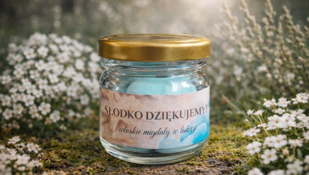 Słoik włoskich migdałów w lukrze z napisem „Słodko Dziękujemy”, ustawiony wśród drobnych kwiatów w naturalnej, leśnej aranżacji.