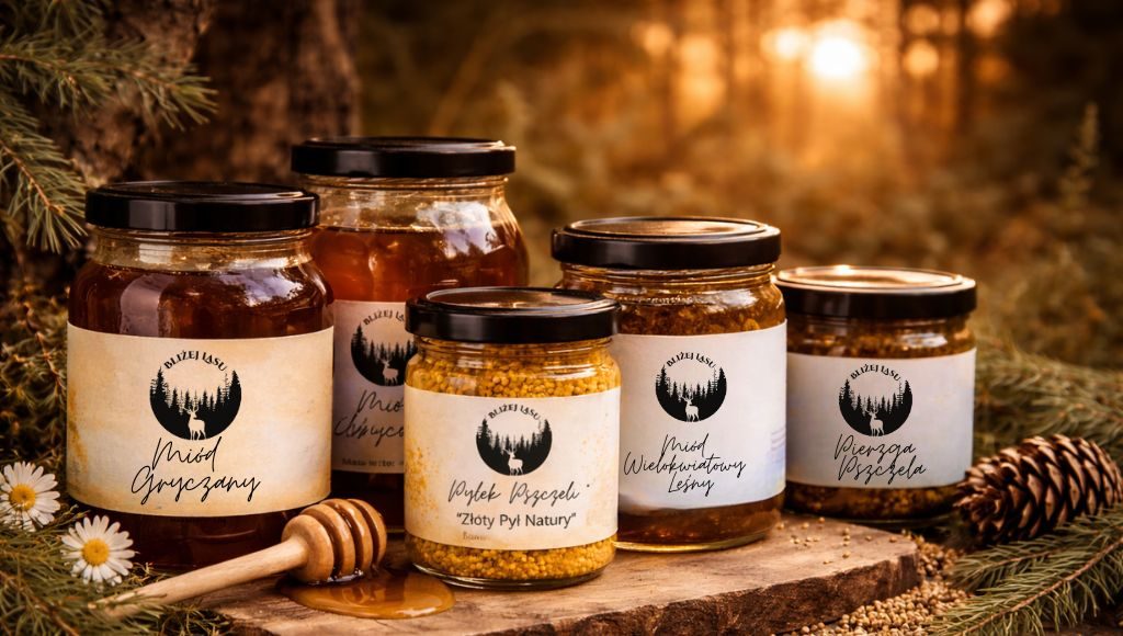 Naturalne miody Bliżej Lasu w słoikach na drewnianym stole w leśnej scenerii o zachodzie słońca