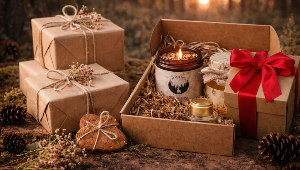 Naturalne zestawy prezentowe Bliżej Lasu z miodem, świecą i ręcznie pakowanymi upominkami w leśnej scenerii
