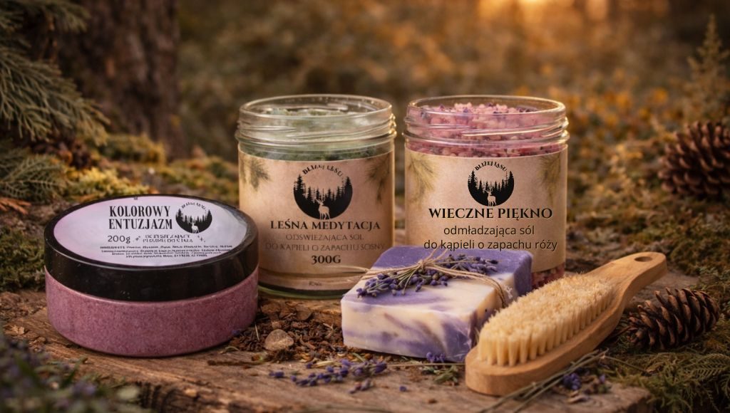 Naturalne kosmetyki Bliżej Lasu z solą do kąpieli Wieczne Piękno, lawendowym mydłem i peelingiem na tle leśnym