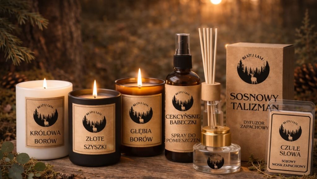 Naturalne świece i zapachy Bliżej Lasu w leśnej scenerii z dyfuzorem, sprayem i woskami zapachowymi