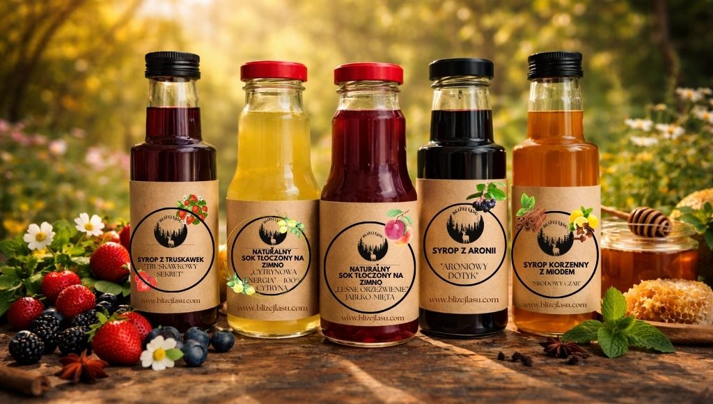 naturalne syropy i soki w szklanych butelkach na drewnianym stole, leśne tło, owoce i miód