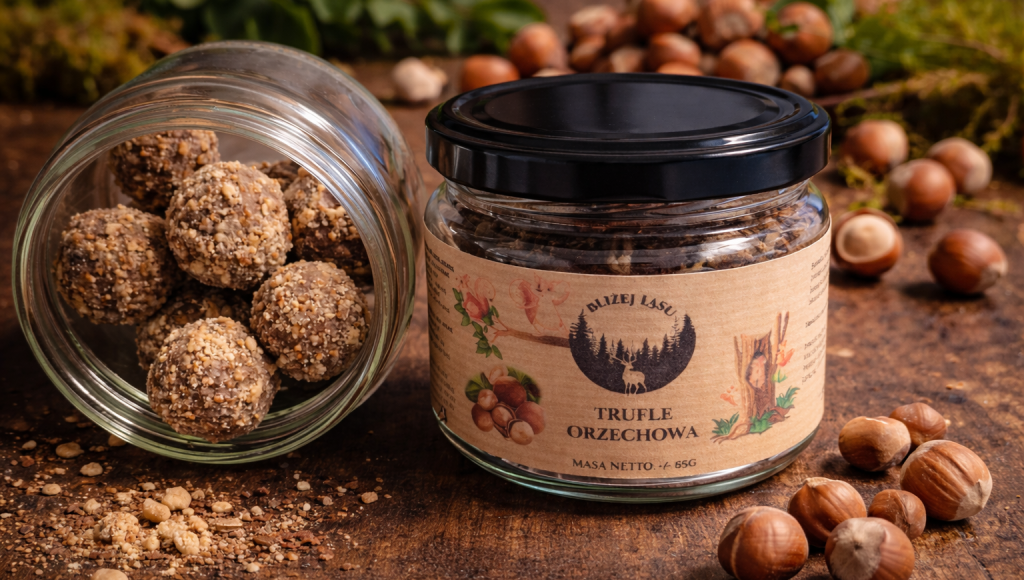 Trufle orzechowe w słoiku marki Bliżej Lasu, obok otwarty słoik z kulkami trufli, na drewnianym blacie z rozsypanymi orzechami laskowymi.