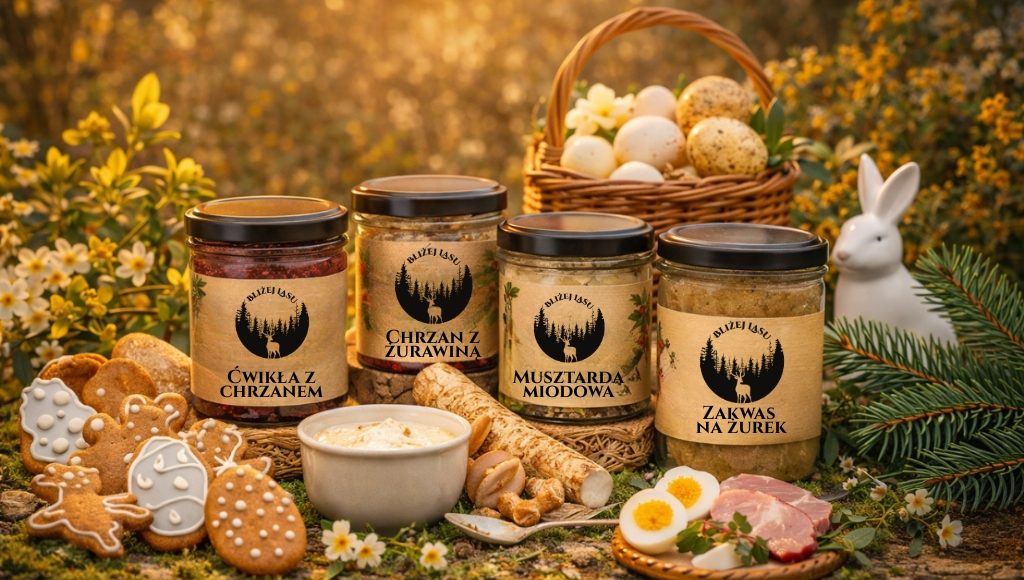 Wielkanocny stół z produktami Bliżej Lasu – słoiki z ćwikłą z chrzanem, chrzanem, zakwasem na żurek, pierniczki, jajka i wiosenne kwiaty w ciepłym świetle.